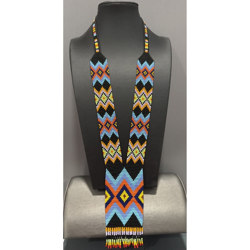 Multicolor Geometric Seed Bead Statement Necklace Fringe Tassel 24" + 4" Drop